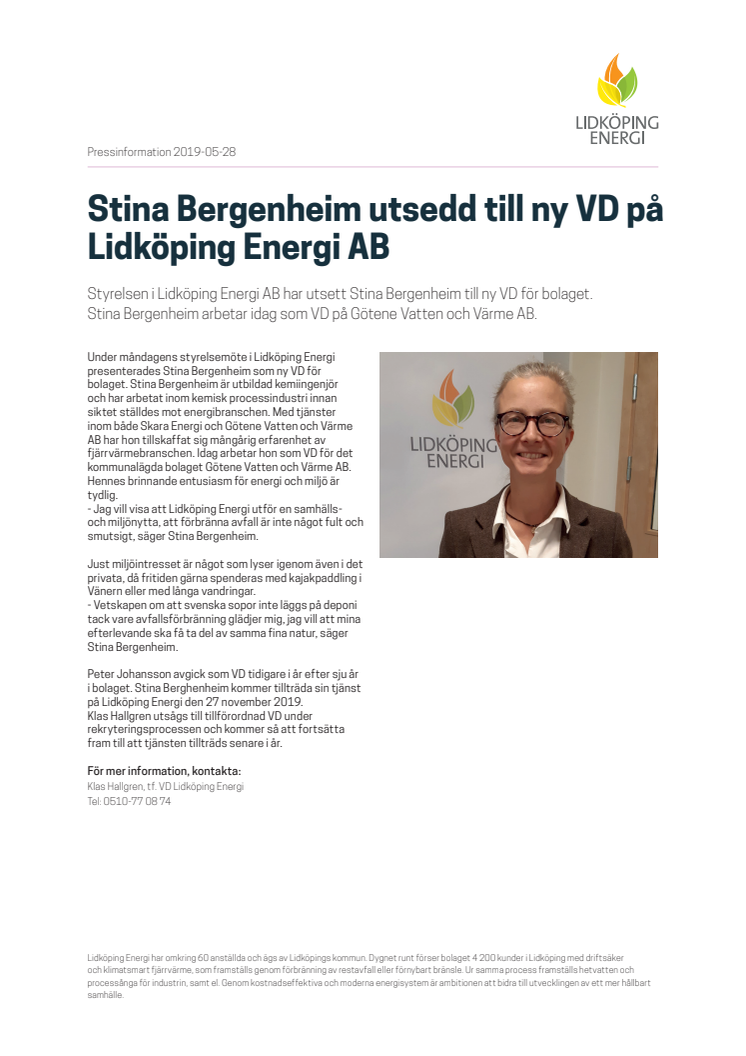 Stina Bergenheim utsedd till ny VD på Lidköping Energi