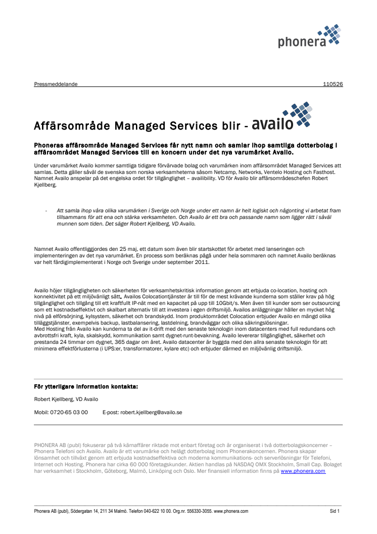 Affärsområde Managed Services blir Availo