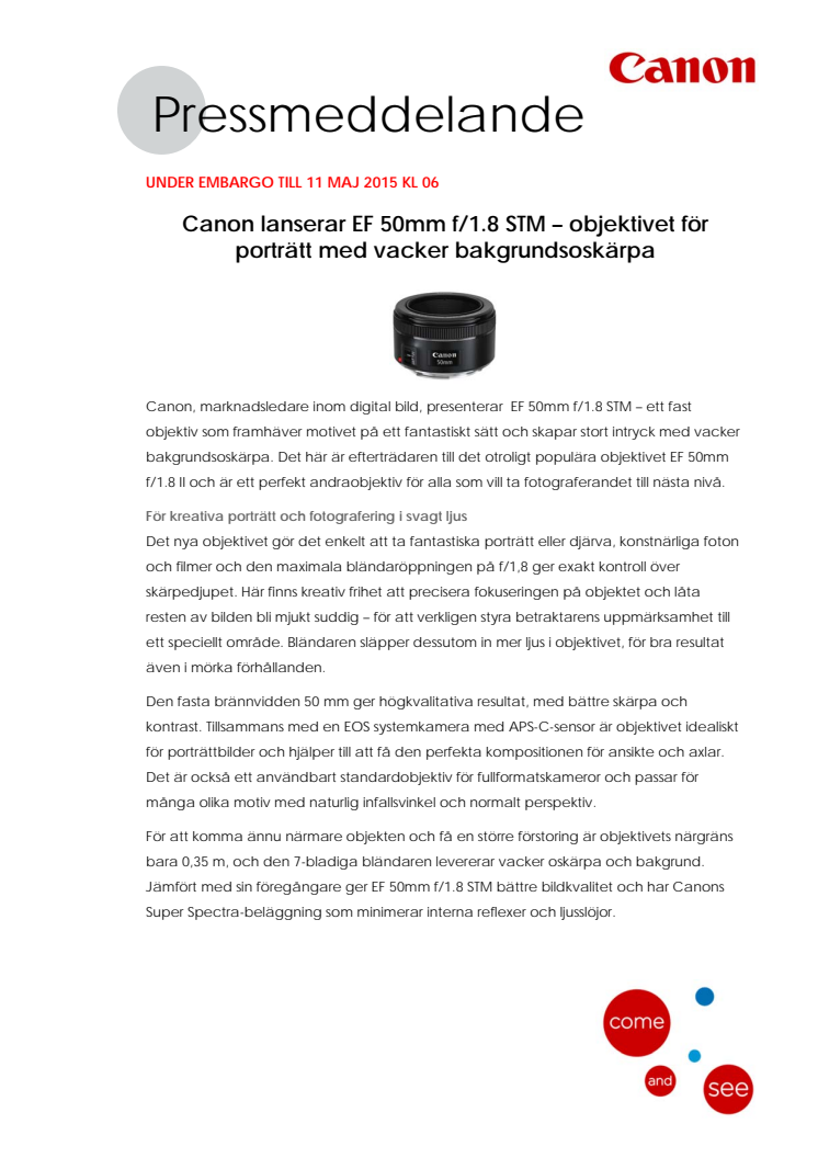 Canon lanserar EF 50mm f/1.8 STM – objektivet för  porträtt med vacker bakgrundsoskärpa