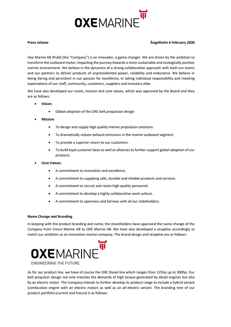 OXE Marine - Name change, Vision, Mission and Core values