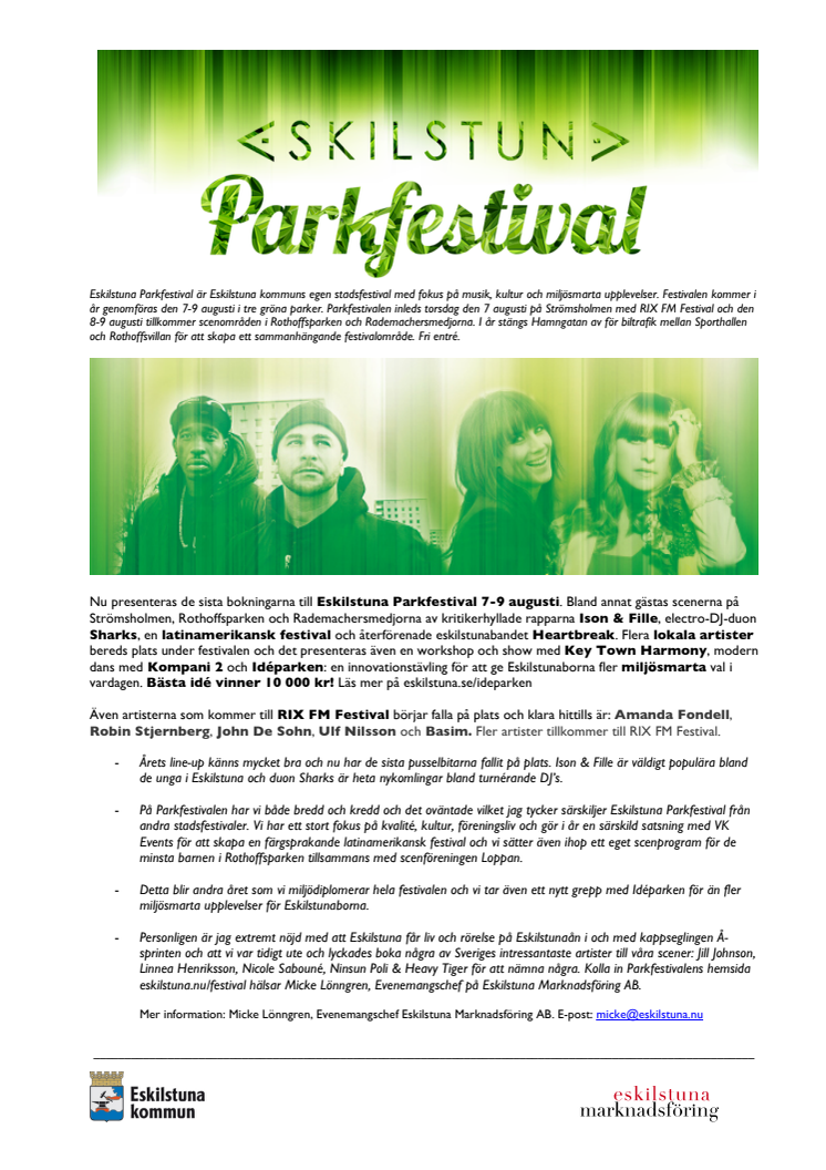Programmet klart för Eskilstuna Parkfestival 7-9 augusti
