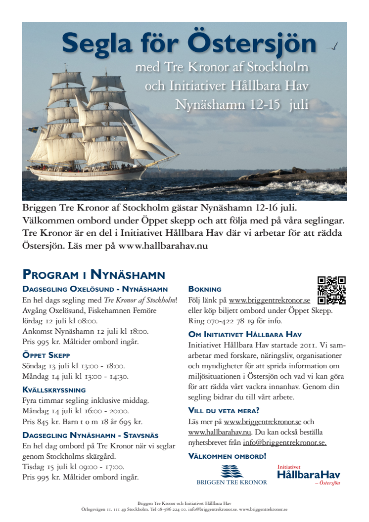 Hållbara Hav och briggen Tre Kronor kommer till Nynäshamn 12-15 juli