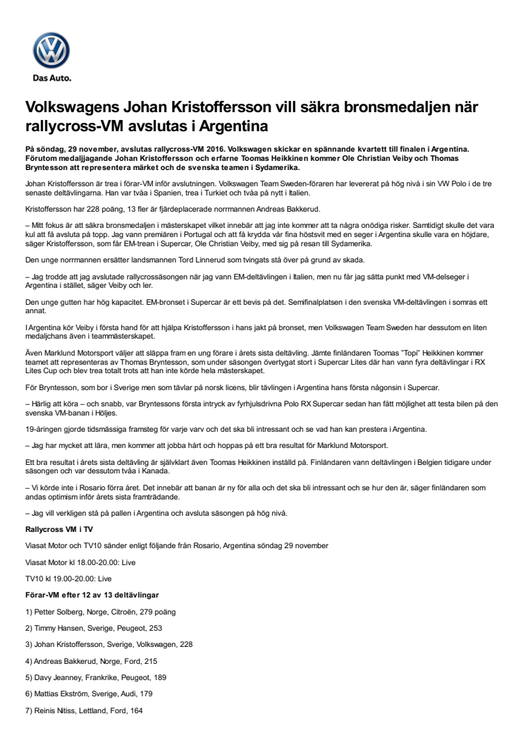 Volkswagens Johan Kristoffersson vill säkra bronsmedaljen när rallycross-VM avslutas i Argentina
