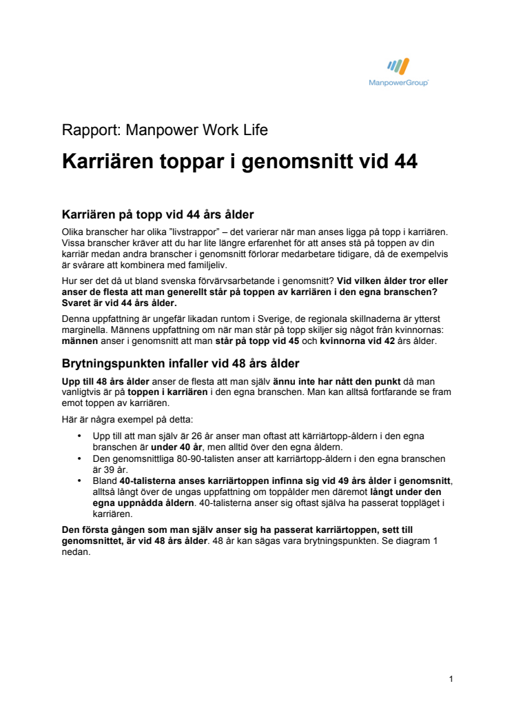Manpower Work Life: Karriären toppar i genomsnitt vid 44