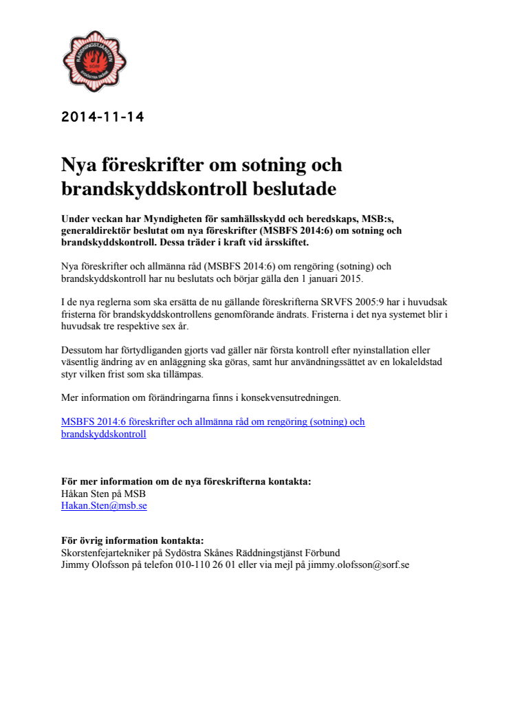 Nya föreskrifter om sotning och brandskyddskontroll