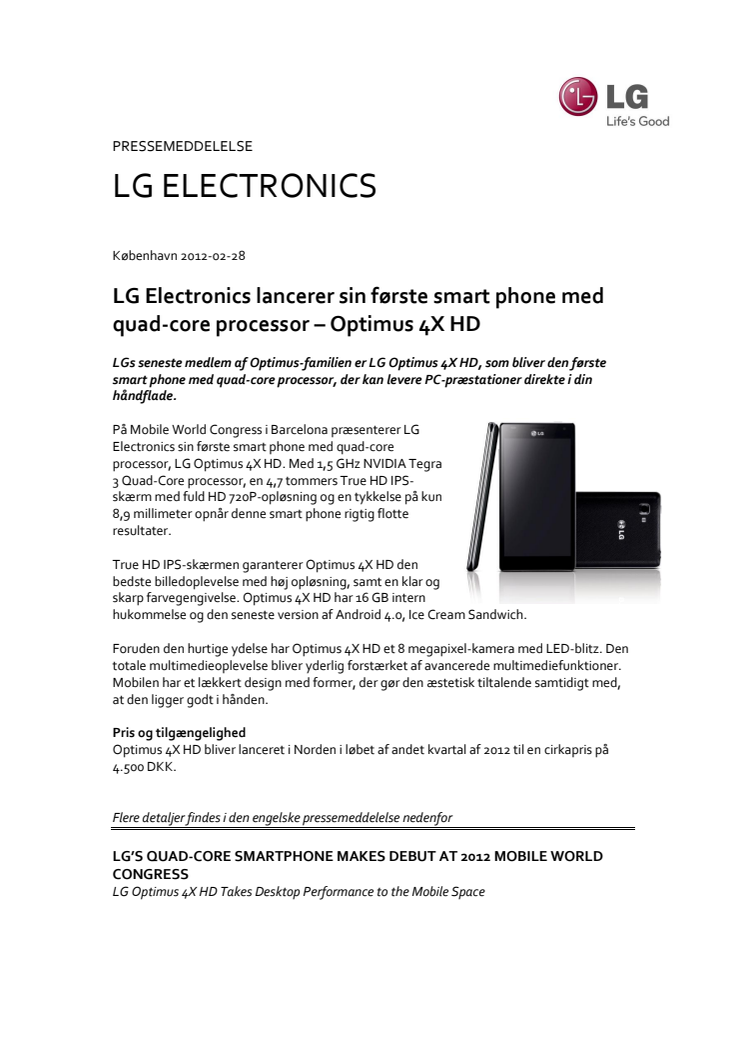 LG Electronics lancerer sin første smart phone med quad-core processor – Optimus 4X HD