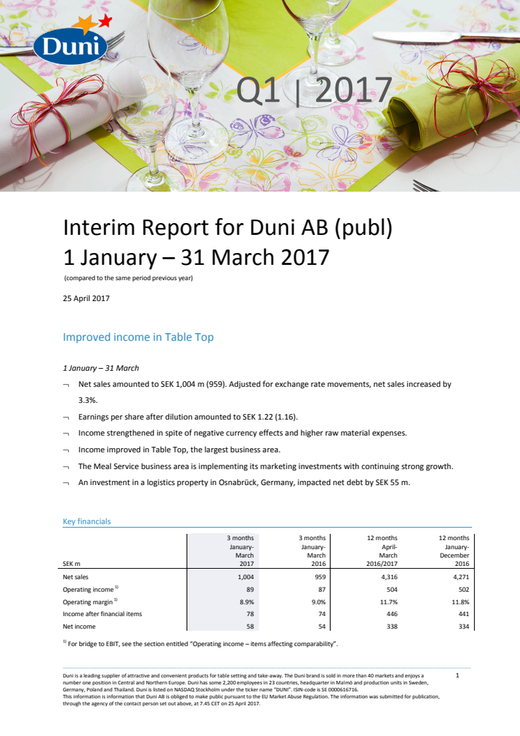 Interim Report for Duni AB (publ) 1 January – 31 March 2017