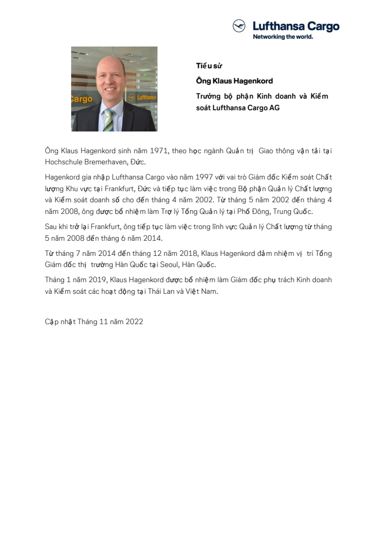 Biography Klaus Hagenkord, Director Sales and Handling Thailand and Vietnam Lufthansa Cargo AG, vietnamese