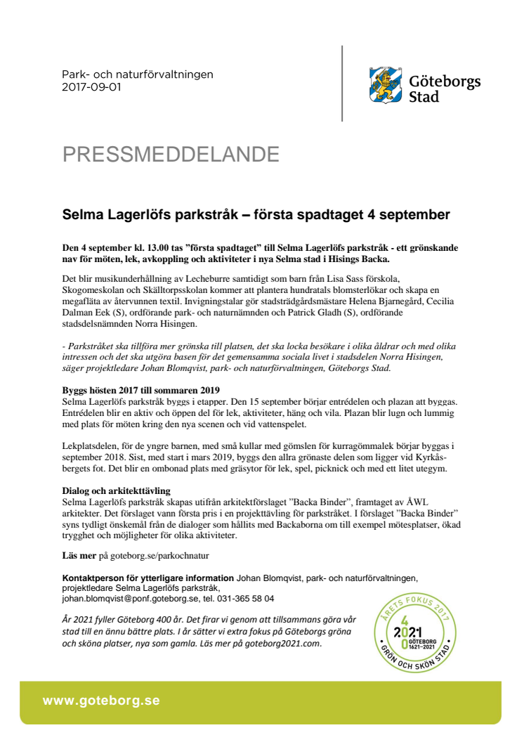 Selma Lagerlöfs parkstråk – första spadtaget 4 september