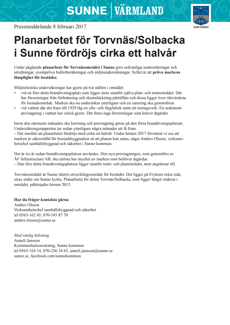 Planarbetet för Torvnäs/Solbacka i Sunne fördröjs cirka ett halvår