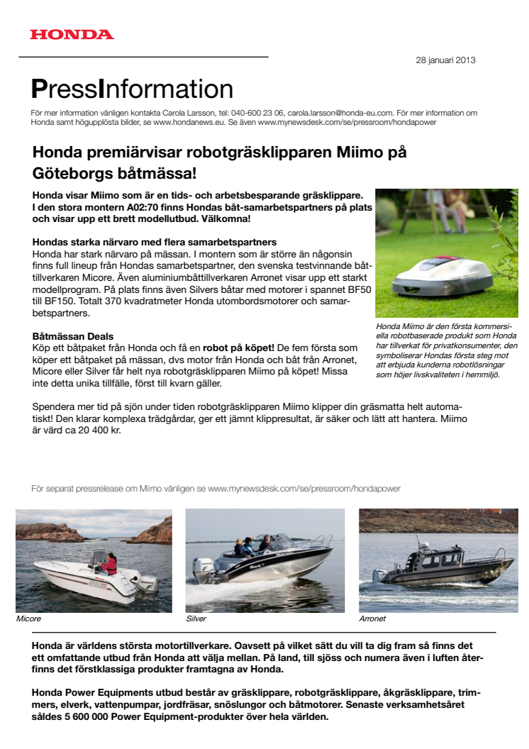 Honda premiärvisar robotgräsklipparen Miimo på Göteborgs Båtmässa