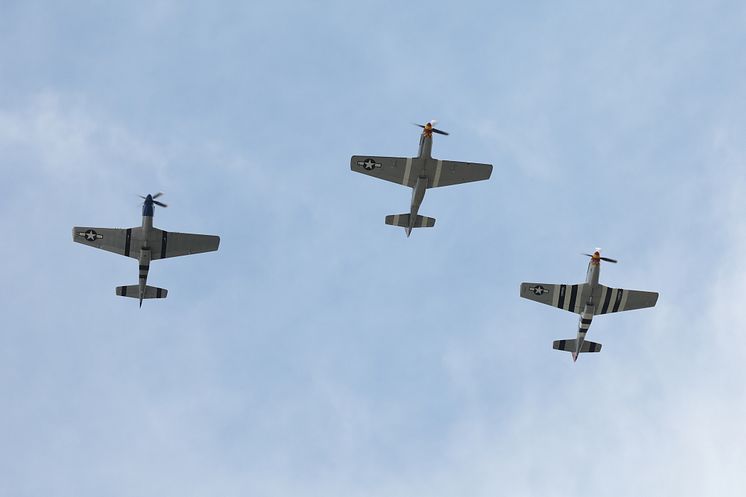 Stridsflygplan av modell P-51 Mustang flög över firandet.
