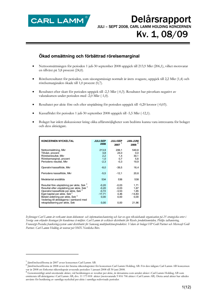 Delårsrapport juli - september 2008