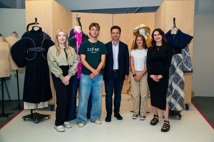 Fashion graduates Emily Gibson, Will Howard-Jones, Holly Hooker and Melissa Newton with Leo Fenwick (centre)