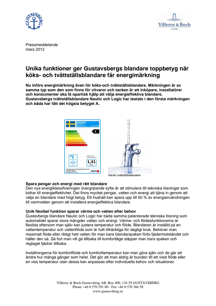 Unika funktioner ger Gustavsbergs blandare toppbetyg när köks- och tvättställsblandare får energimärkning