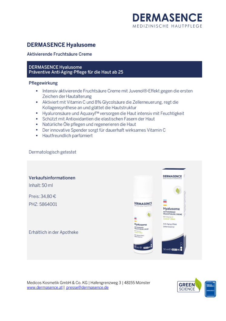 Factsheet AT: DERMASENCE Hyalusome Aktivierende Fruchtsäure Creme 50 ml