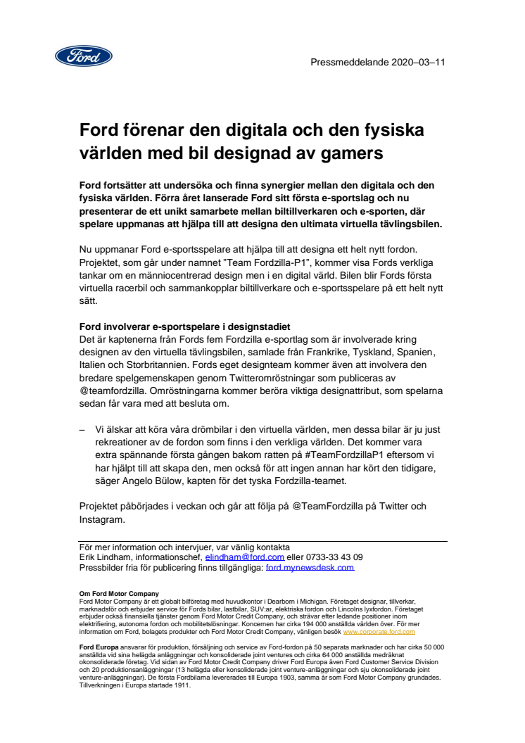 Ford förenar den digitala och den fysiska världen med bil designad av gamers 