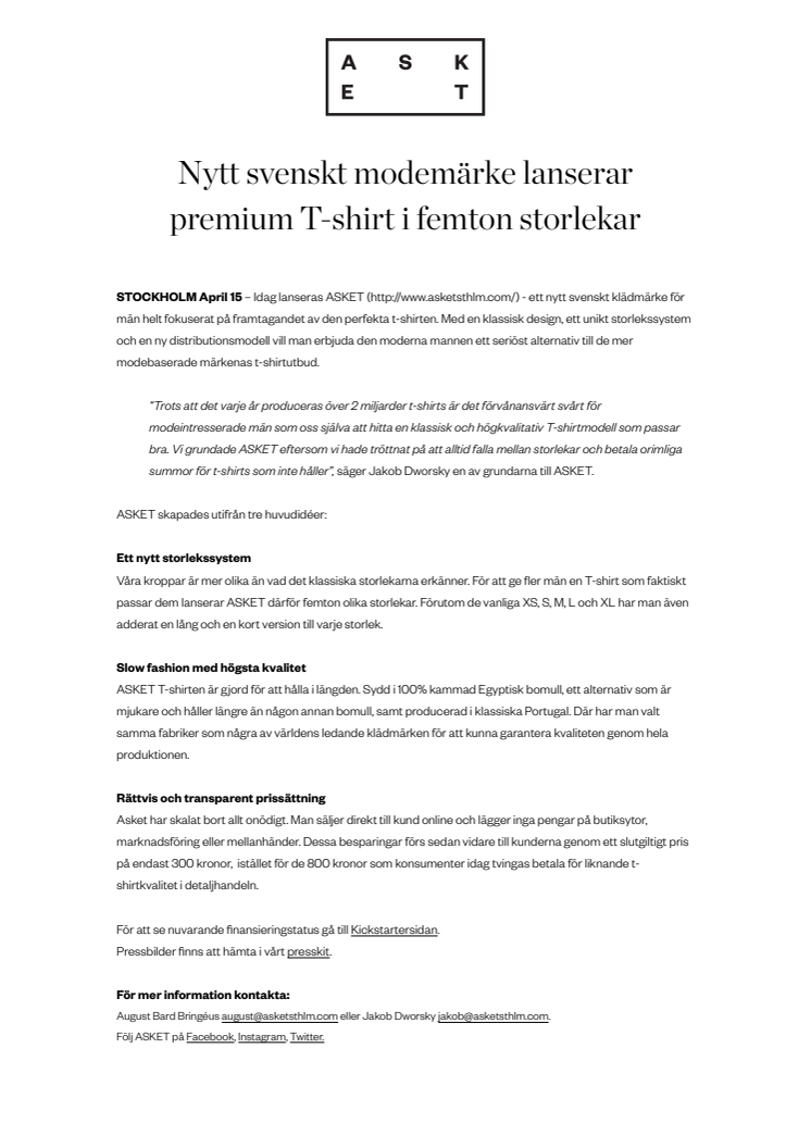 ​Nytt svenskt modemärke lanserar premium T-shirt i femton storlekar