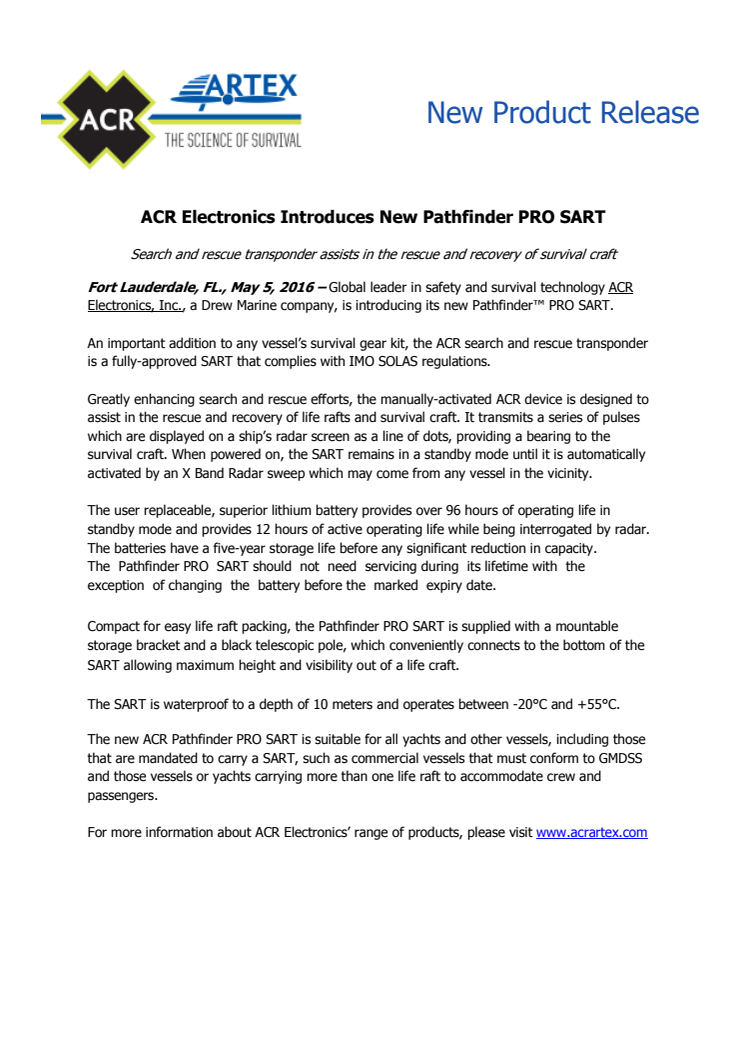  ACR Electronics Inc: Introduces New Pathfinder PRO SART 