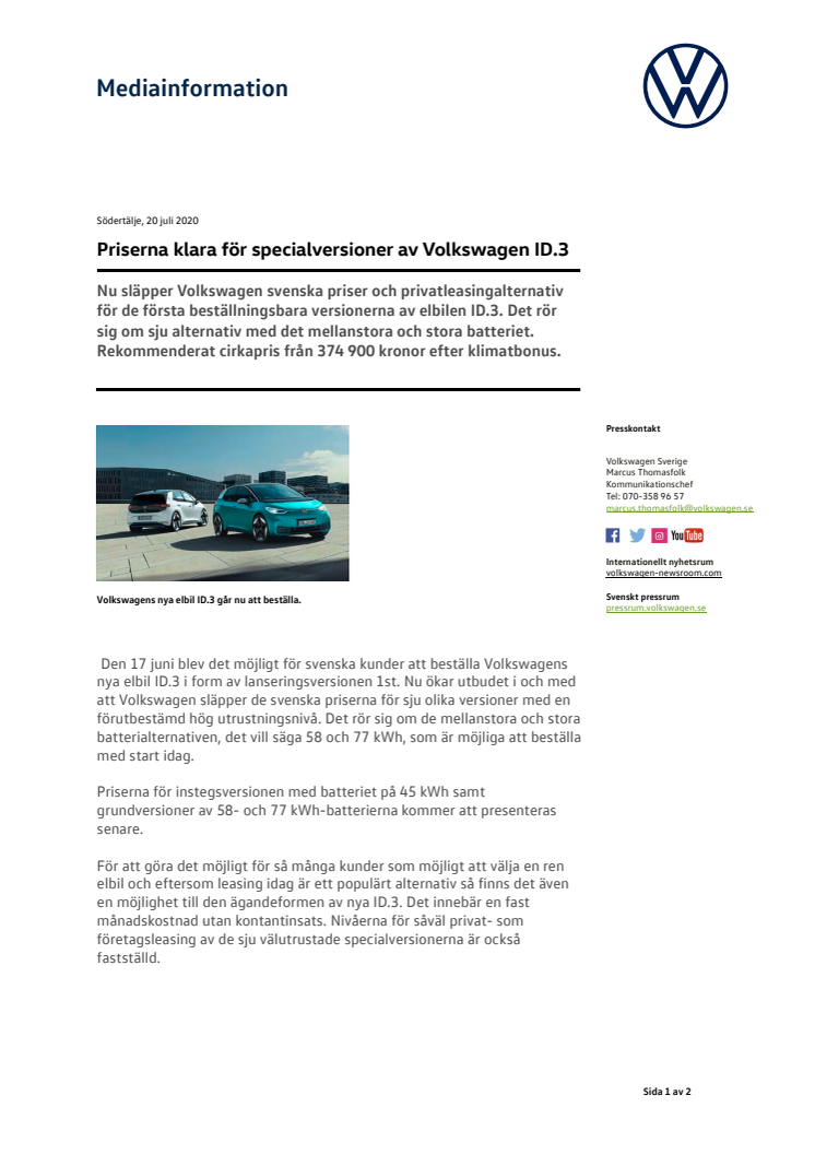 Priserna klara för specialversioner av Volkswagen ID.3