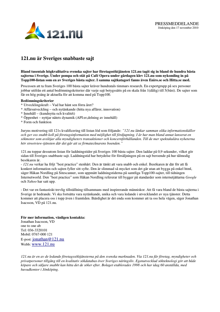 121.nu är Sveriges snabbaste sajt