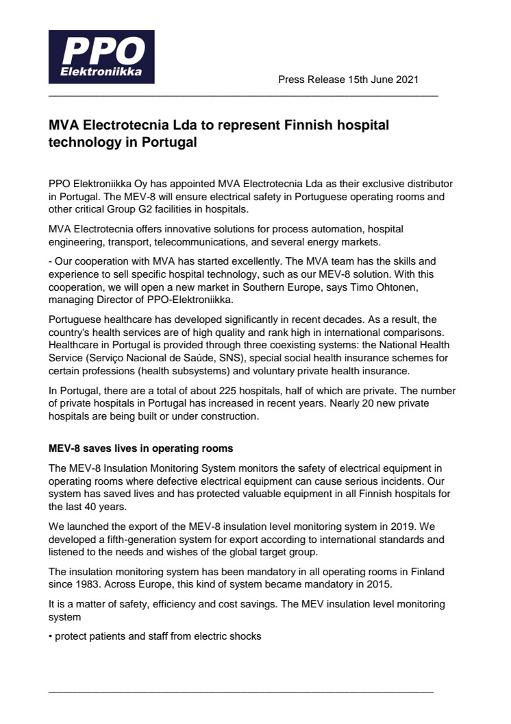 Press Release_MVA Electrotecnia Lda to represent Finnish hospital technology in Portugal.pdf