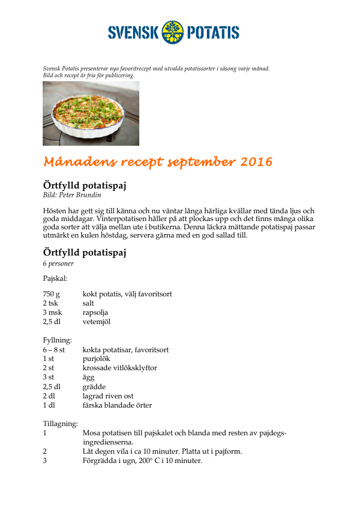 Månadens recept september - Örtfylld potatispaj