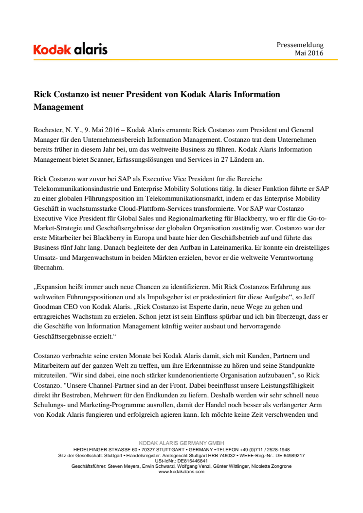 Rick Costanzo ist neuer President von Kodak Alaris Information Management