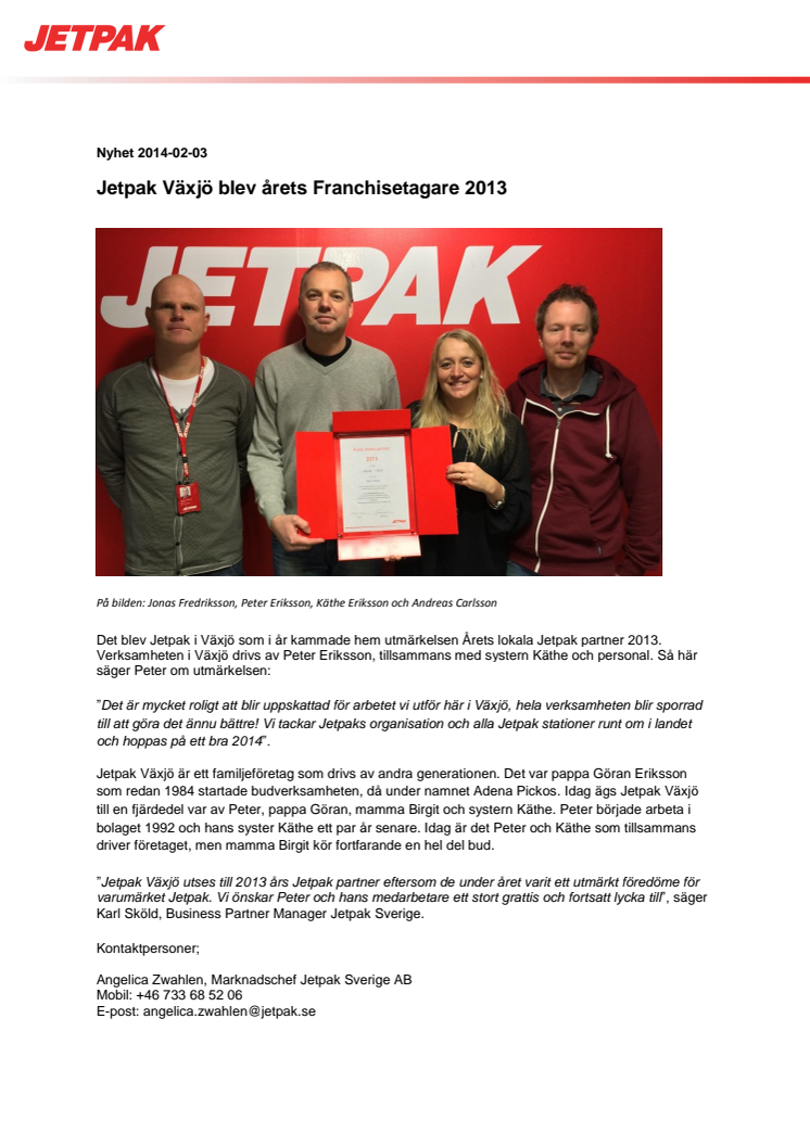 Jetpak Växjö blev årets Franchisetagare 2013         