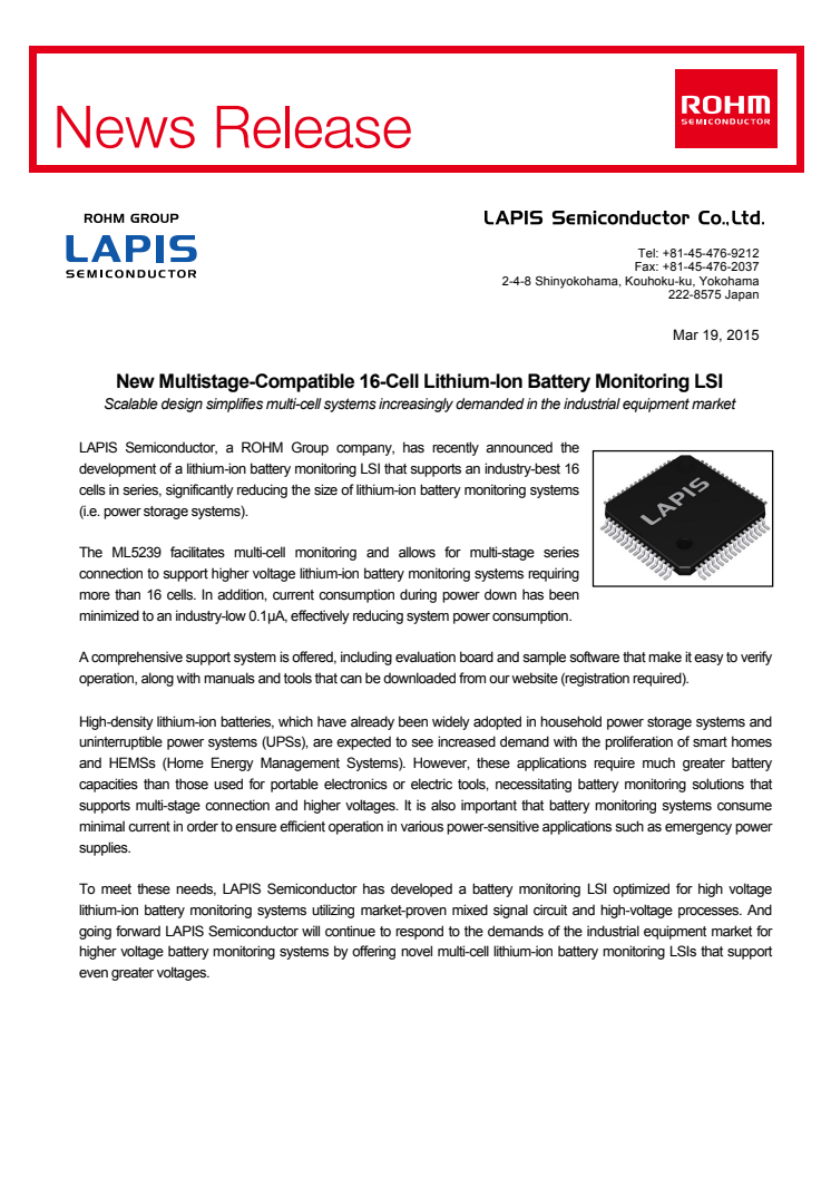 New Multistage-Compatible 16-Cell Lithium-Ion Battery Monitoring LSI -- Scalable design simplifies multi-cell systems increasingly demanded in the industrial equipment market