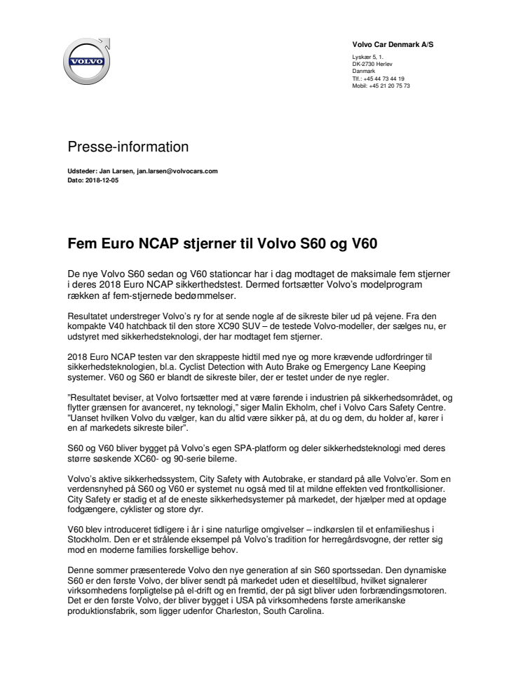 Fem Euro NCAP stjerner til Volvo S60 og V60