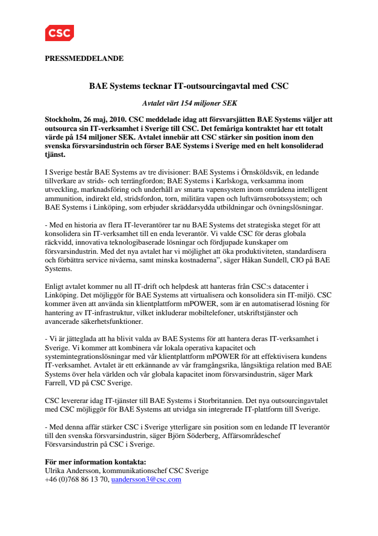 BAE Systems tecknar IT-outsourcingavtal med CSC