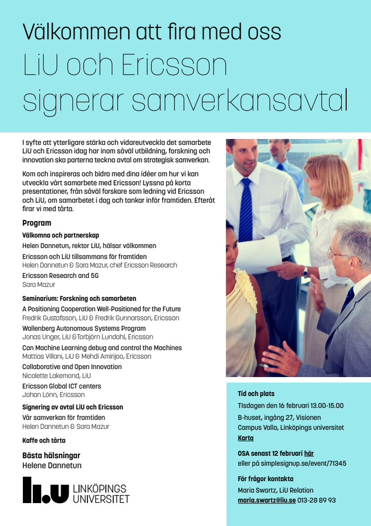 Pressinbjudan:  Ericsson och Linköpings universitet knyter fastare band