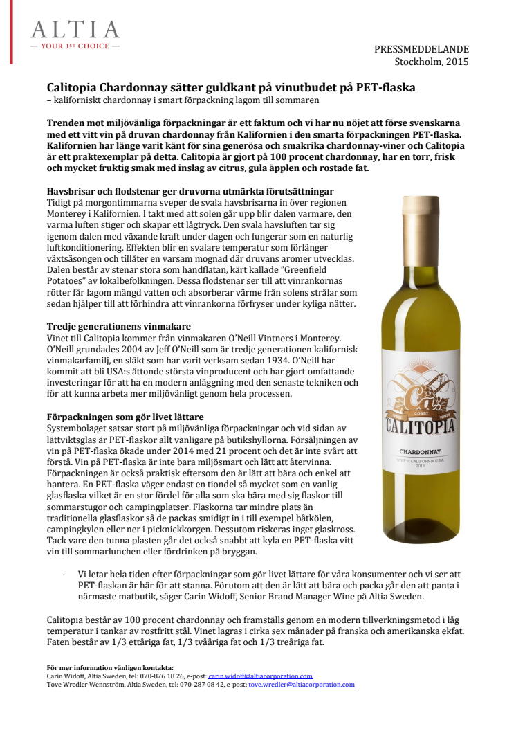 Calitopia Chardonnay sätter guldkant på vinutbudet på PET-flaska  – kaliforniskt chardonnay i smart förpackning lagom till sommaren