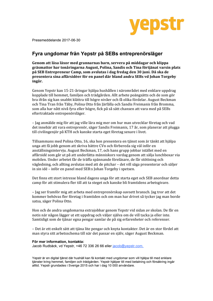 Fyra ungdomar från Yepstr på SEBs entreprenörsläger