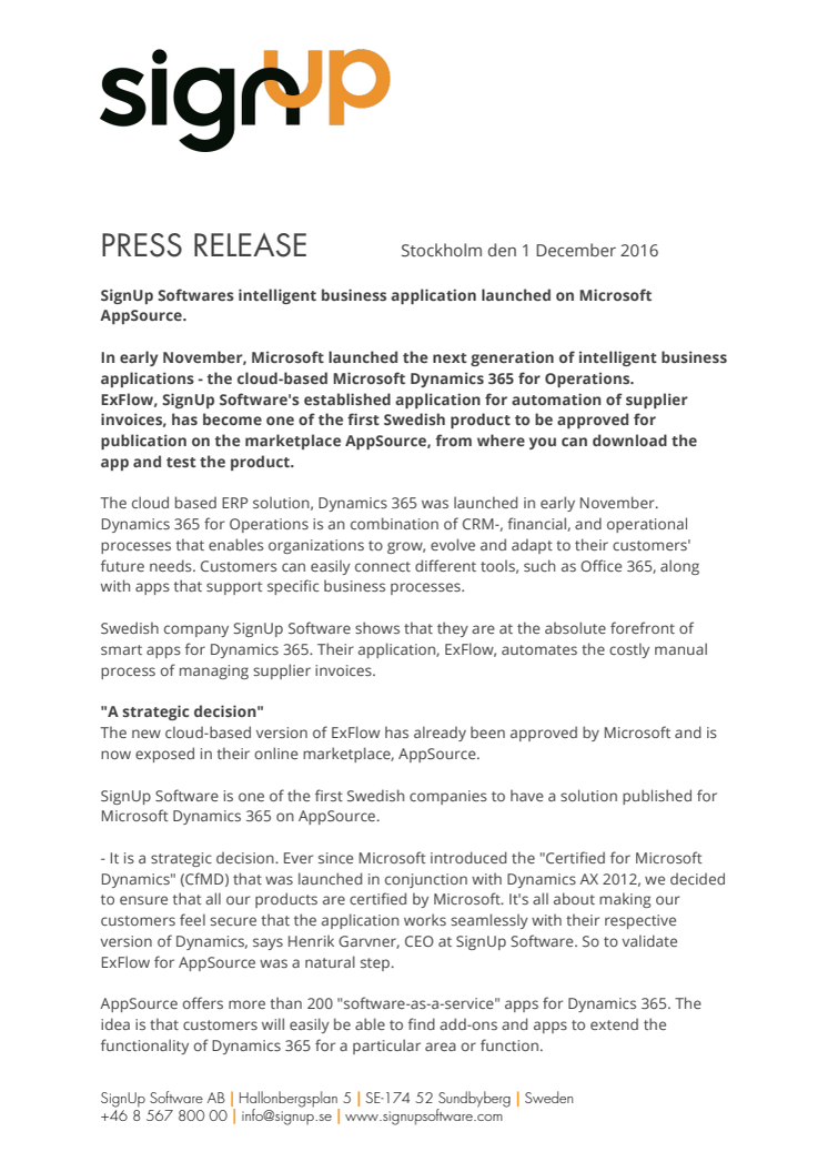 PRESSRELEASE  SignUp Softwares intelligent business application launched on Microsoft AppSource