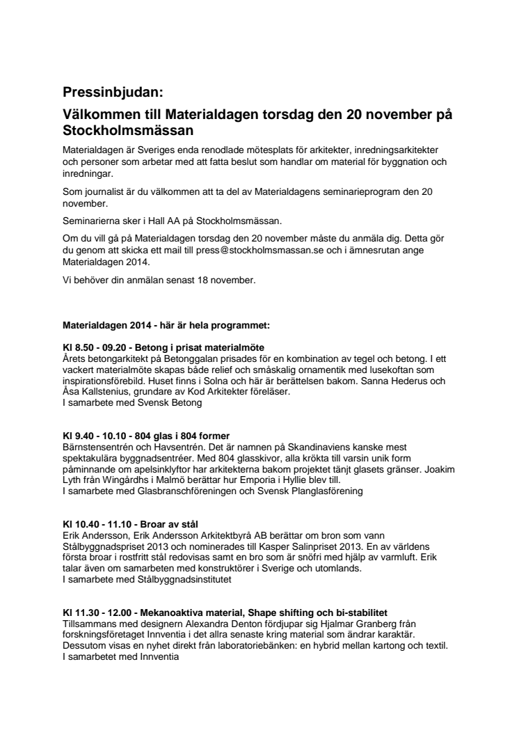 Pressinbjudan: Välkommen till Materialdagen torsdag den 20 november på Stockholmsmässan 