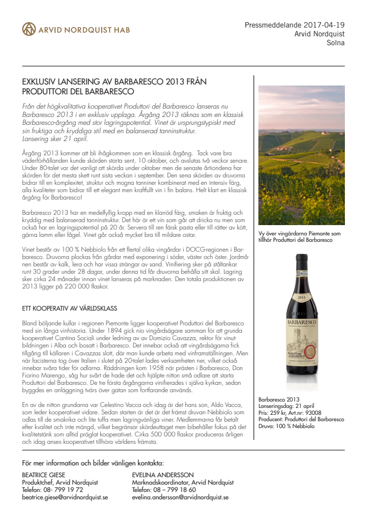 Exklusiv lansering av Barbaresco 2013 från Produttori del Barbaresco