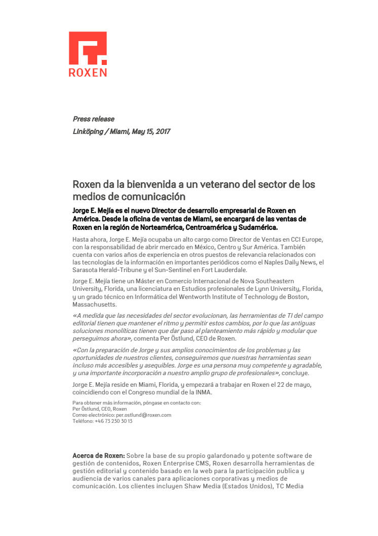 Roxen da la bienvenida a un veterano del sector de los medios de comunicación