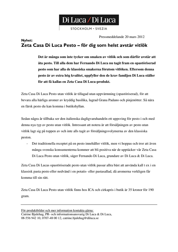 Zeta Casa Di Luca Pesto – för dig som helst avstår vitlök
