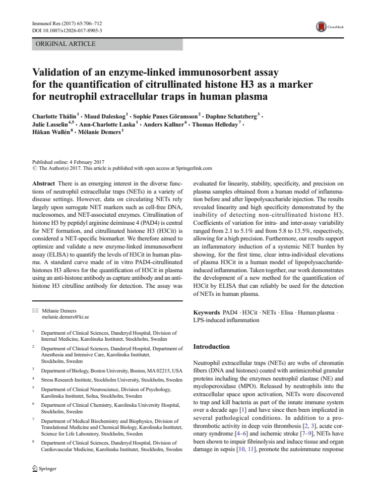 ”Validation of an enzyme-linked immunosorbent assay for the quantification of citrullinated histone H3 as a marker for neutrophil extracellular traps in human plasma.”