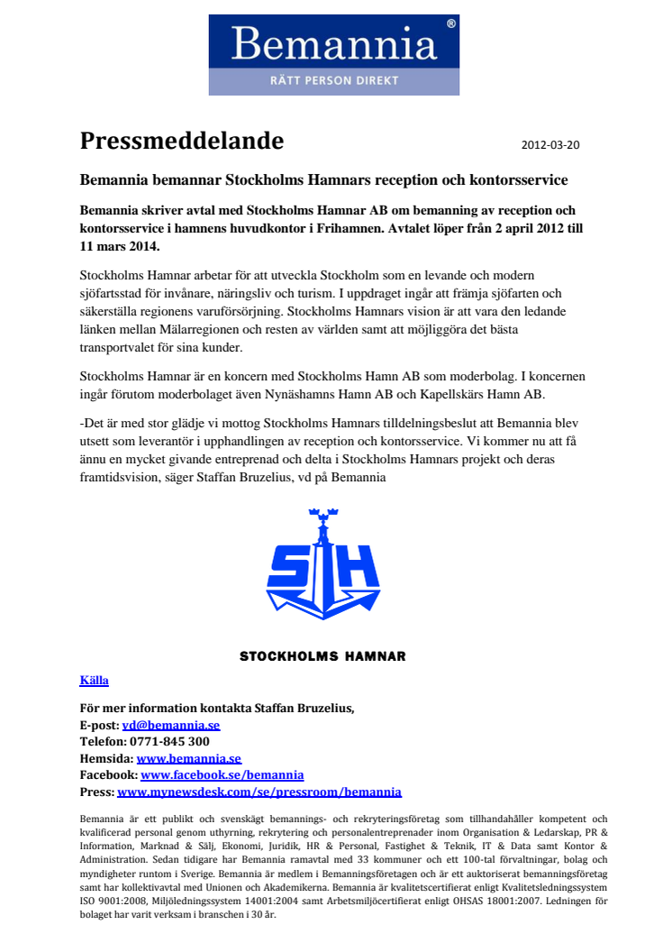 Bemannia bemannar Stockholms Hamnars reception och kontorsservice