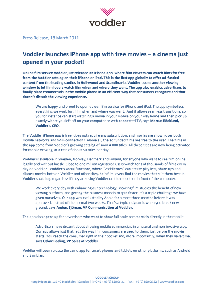 Voddler launches iPhone app with free movies – a cinema just opened in your pocket! 