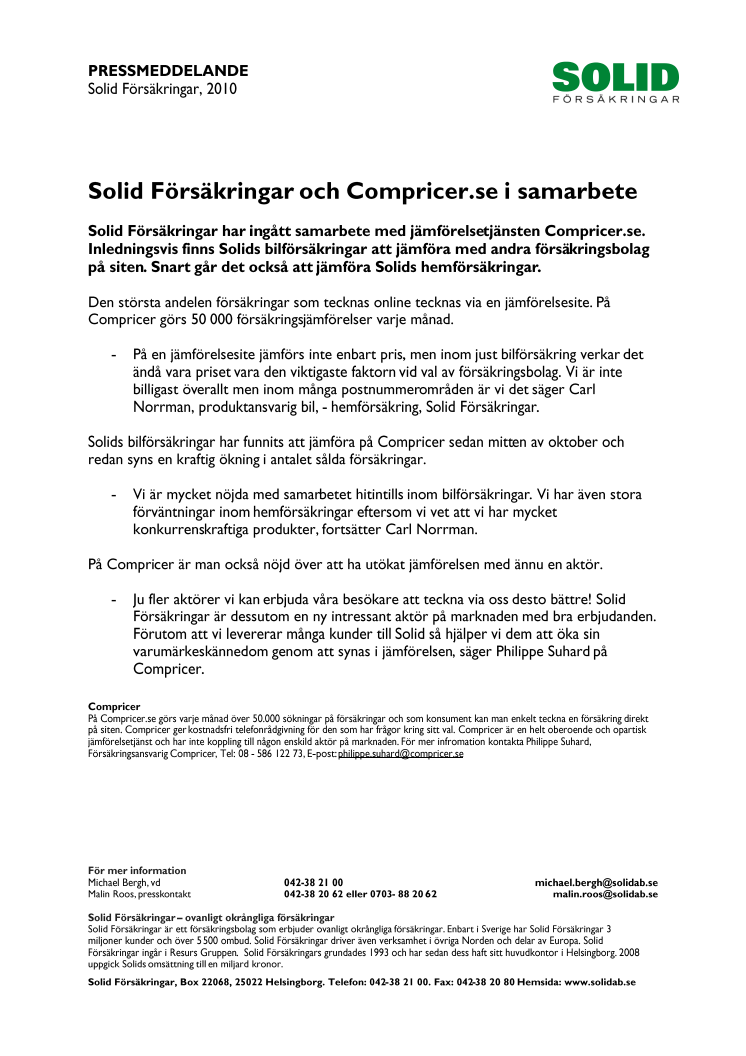 Solid Försäkringar och Compricer.se i samarbete