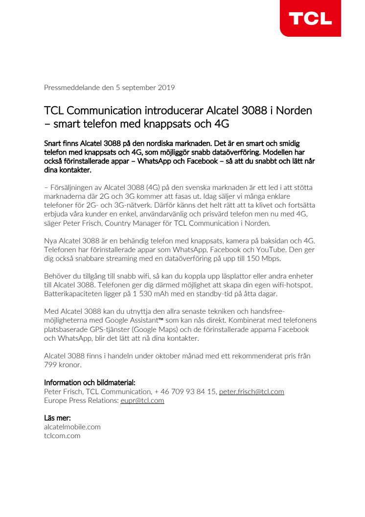 TCL Communication introducerar Alcatel 3088 i Norden – smart telefon med knappsats och 4G 