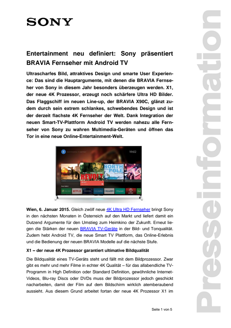 Entertainment neu definiert: Sony präsentiert BRAVIA Fernseher mit Android TV