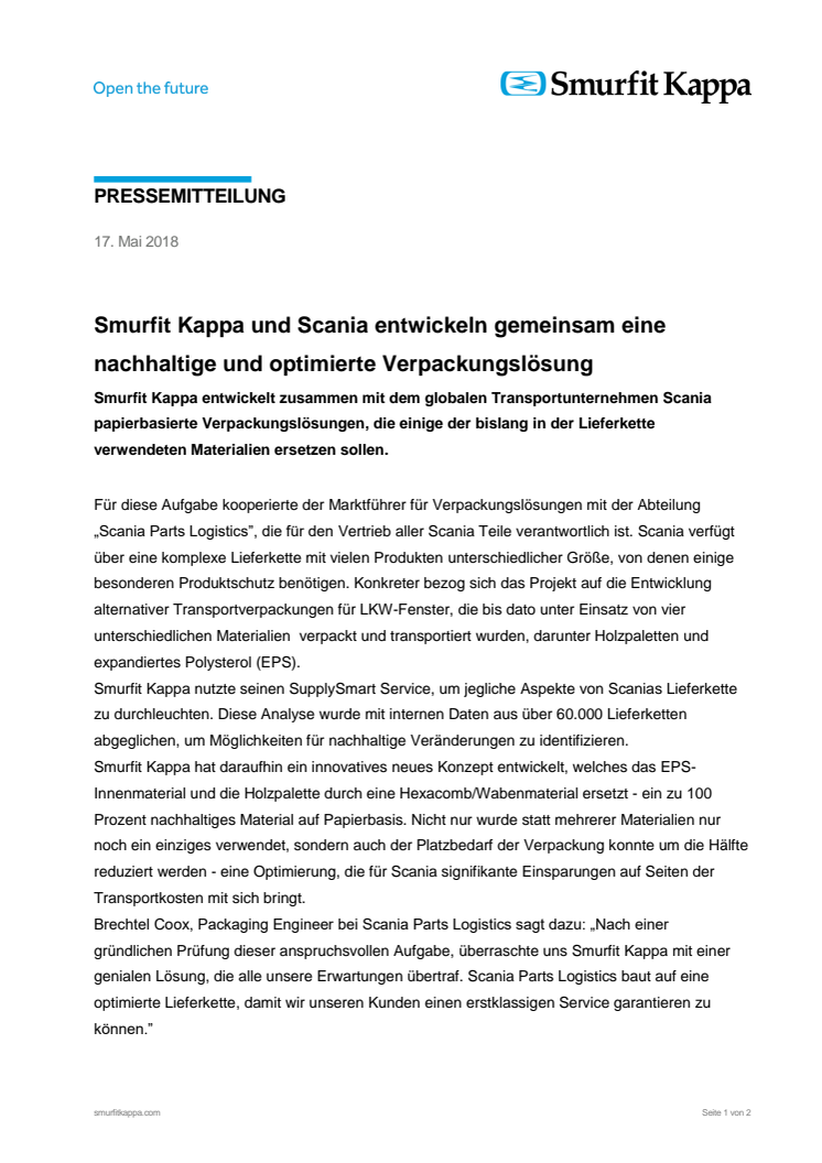 Kooperation zwischen Scania und Smurfit Kappa
