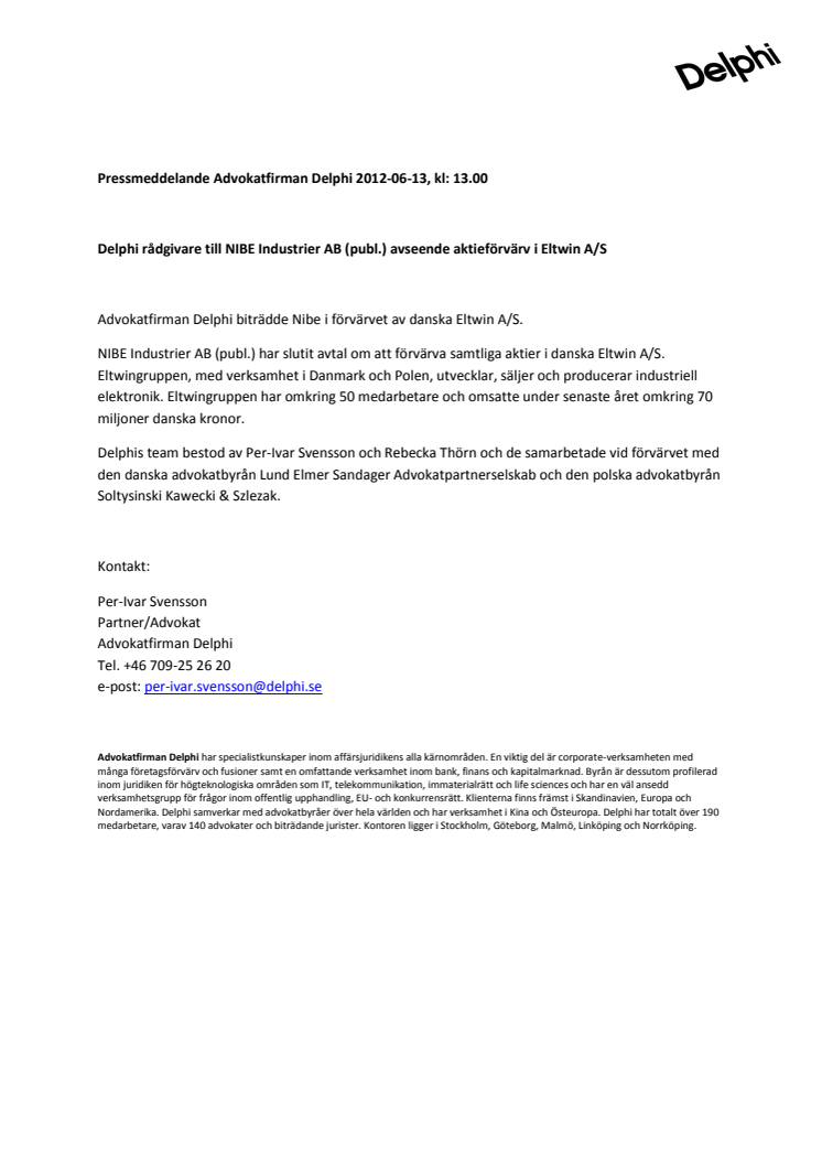 Delphi rådgivare till NIBE Industrier AB (publ.) avseende aktieförvärv i Eltwin A/S