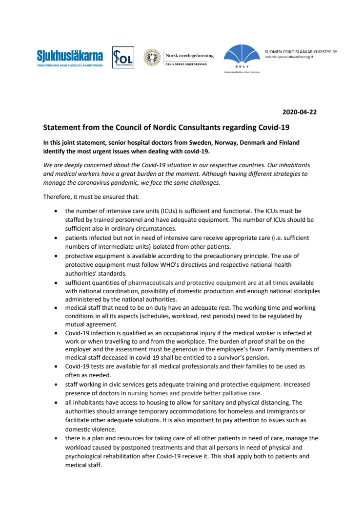 Statement from the Council of Nordic Consultants regarding Covid-19