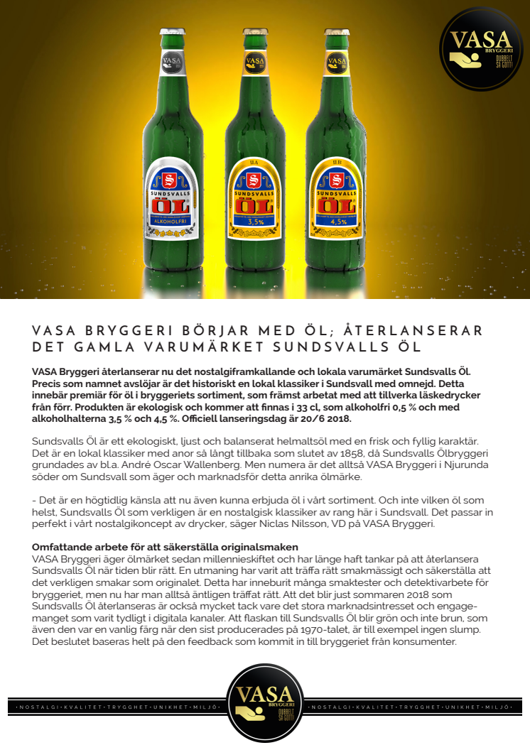  VASA Bryggeri börjar med öl; återlanserar det gamla varumärket Sundsvalls Öl